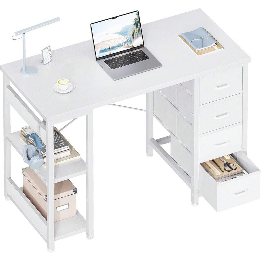40 Inch Small White Computer Desk With 4 Fabric Drawers, Modern Office Desk For Home Office Gaming With Storage Shelves Study, White - A - 查看 1