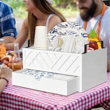 Paper Plate Dispenser With Drawer, Paper Plate Holder For Kitchen Counter, Wood Rustic Silverware Utensil Caddy, Cutlery Flatware Organizer For Cup Spoon Fork Plates Napkins, White Kitchen Accessories - 白色 - 查看 7