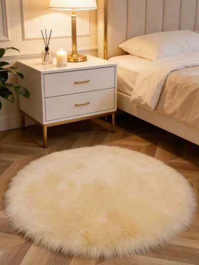 1pc Soft Round Light Yellow Faux Wool Decorative Carpet, Fluffy And Plush Texture, Suitable For Living Room, Bedroom, Study, Foyer, Dining Room, Laundry Room And Other Spaces, Skin-Friendly Material, Personalized And Fashionable Home Decor, Bedroom Carpet, Kitchen Carpet, Study Carpet, Living Room Carpet, Bathroom Carpet, All Season