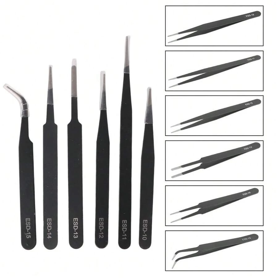 Precision Tweezers Set Industrial Repair Tweezers Anti Static For Watch Jewelry Mobile Phone Electronics 6Pcs/Set - A - View 1