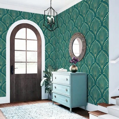 1 لفة ورق حائط لاصق ذاتي بنمط مروحي رجعي، ورق حائط بعناصر هندسية خضراء داكنة مع نمط خطوط ذهبية، ورق جدران PET قابل للإزالة والتنظيف، مقاوم للماء والرطوبة، سهل التقشير واللصق، قابل للإزالة، سهل التركيب، مناسب لديكور المطبخ وغرفة الطعام والنوم وغرفة المعيشة وجدار التلفاز والخزانات والأثاث، ديكور المساكن المؤجرة، مطابقة الخطوط المستقيمة، 17.32 * 118.11 / 196.85 / 393.7 بوصة