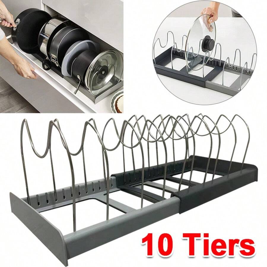 30-56cm Expandable Saucepan Pan Pot Lid Holder Kitchen Organiser Rack Storage 10 Tier - Multicolor - View 1