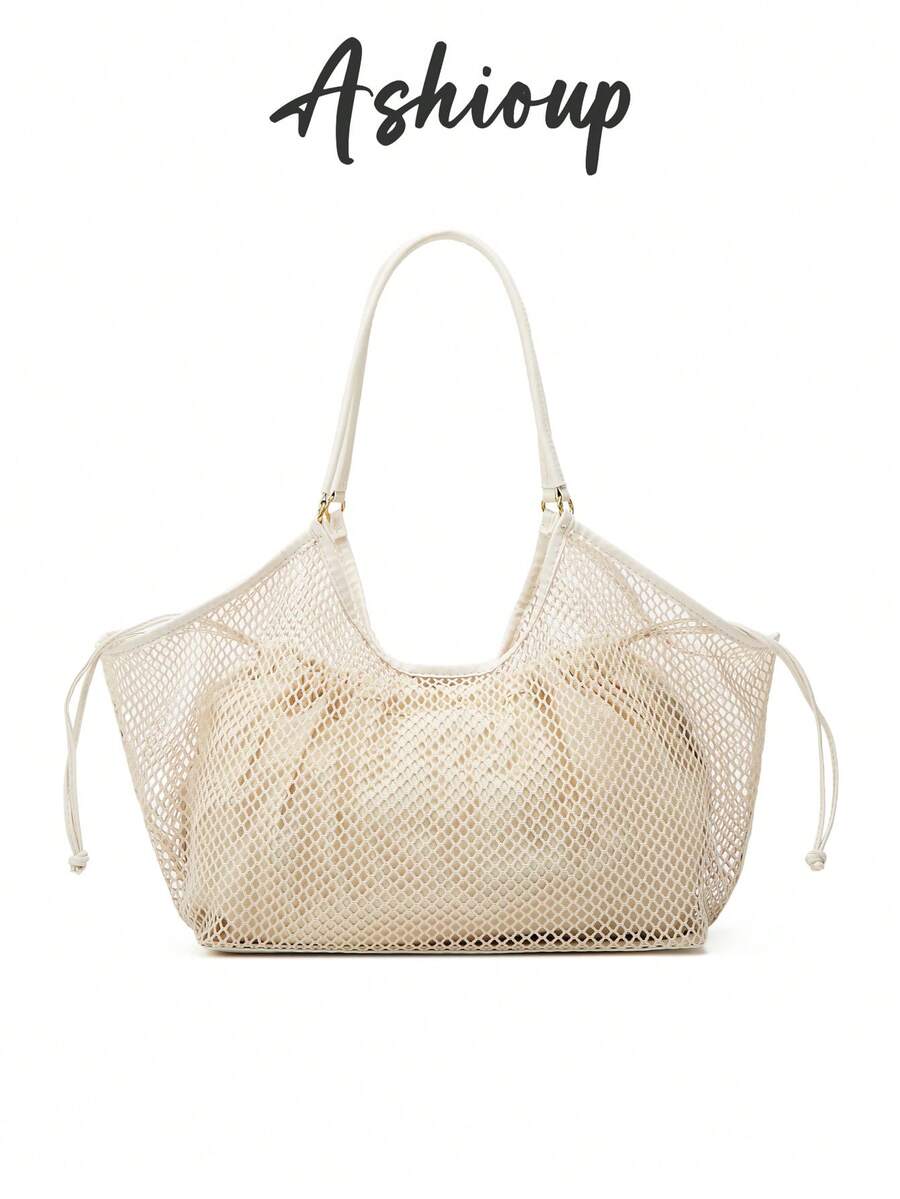 Large Capacity Women's Beach Bag, Hollow Mesh Beach Tote Bag, Outdoor Travel Vacation Storage Bag, Summer ,Holiday - White - View 1