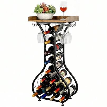 14 Bottle Floor Wine Rack With Tabletop & Wine Glass Holder, Freestanding Metal And Wood Wine Storage Stand, Wobble-Free Wine Display Organizer For Home Kitchen Bar Living Room