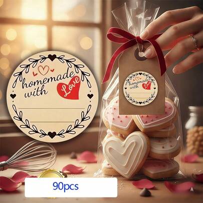 90 ملصق "صنع يدوي" - إكليل ورقي وزخرفة قلب، تصميم قابل للكتابة، تغليف هدايا، أعمال حرفية للظرف، ديكور المنزل والمطبخ - جمالية الحرف اليدوي الدافئة