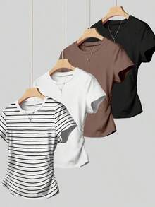 Camiseta de manga corta con pliegues casual para mujer, versátil para el verano - Negro 5 - Ver 1