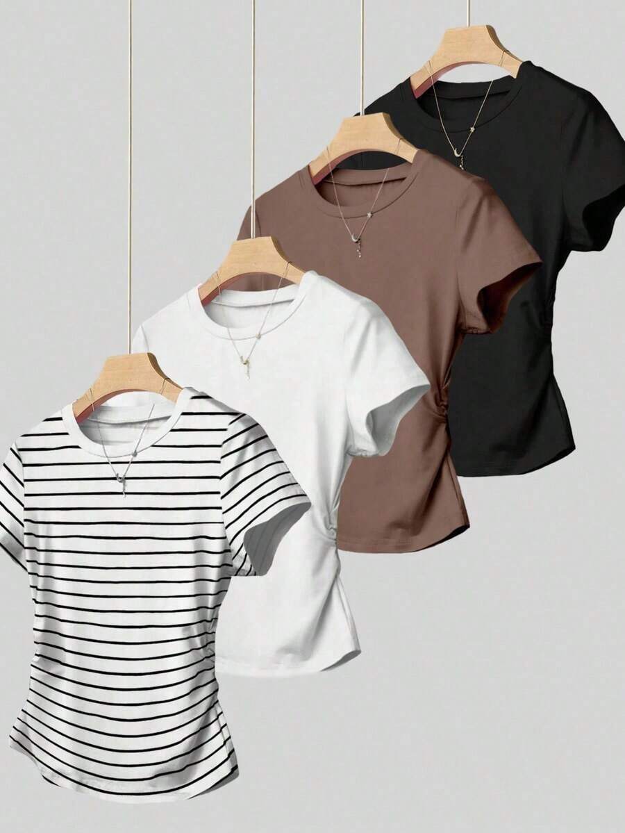 Camiseta de manga corta con pliegues casual para mujer, versátil para el verano - Negro 5 - Ver 1