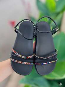 Sandália Birken Papete com Tiras de Strass Colorido em ABS - Branco - Visão 1