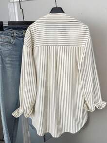 女士条纹宽松休闲口袋长袖衬衫，春夏款 - 杏色 - 查看 2