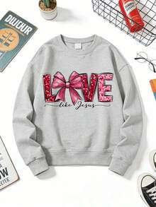 1pc Girls' Cozy Valentine Crewneck Sweatshirt: Glittery "Love Like Jesus" Bow Graphic Print, Great For Daily Wear & Valentine's Day Celebrations - 灰色 - 查看 1