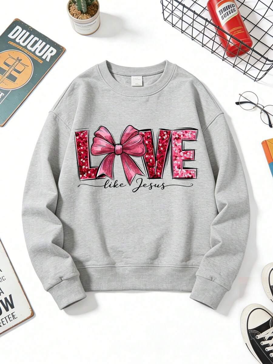 1pc Girls' Cozy Valentine Crewneck Sweatshirt: Glittery "Love Like Jesus" Bow Graphic Print, Great For Daily Wear & Valentine's Day Celebrations - 灰色 - 查看 1