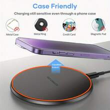 Cargador inalámbrico circular ultra delgado de 15W de alta calidad con borde naranja, compatible con iPhone 17/16/15/14/13/12 Pro/XS Max/Mini/X/XR y carga inalámbrica rápida inductiva. También compatible con Samsung. Regalo del Día de San Valentín. - Negro - Ver 7