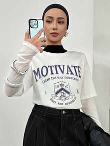 Livesso Women's Letter Print Casual Long Sleeve T-Shirt - White - View 2