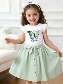 女童字母蝴蝶印花短袖上衣，前扣迷你裙休闲套装 - 白色 - 查看 7