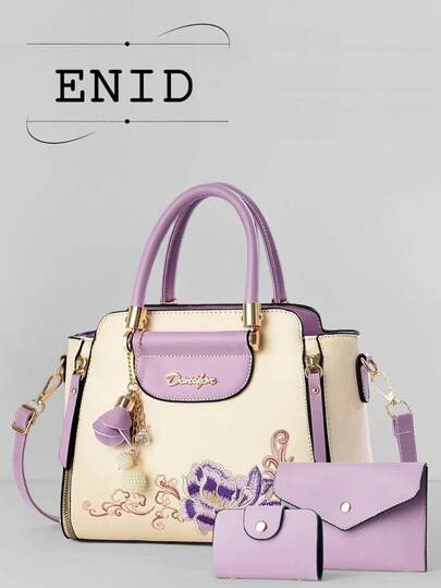 Set de 3 piezas: Nuevo bolso de mano bordado para mujer, elegante y muy atractivo, bolso de moda para mamá de mediana edad de gran capacidad y uso casual de hombro y cruzado