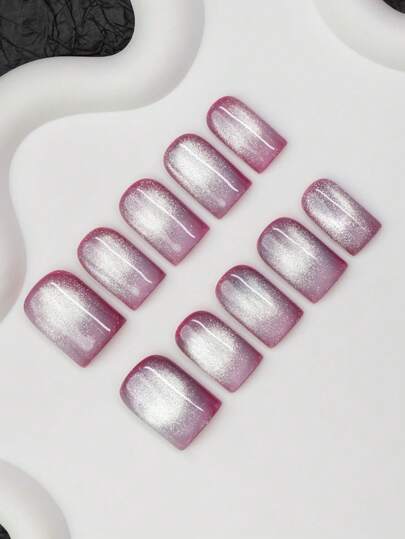 10片/套 手工方形美甲贴片，猫眼设计，裸色和红色，适合派对、舞会、日常佩戴，包含工具，是送给女性和女孩的绝佳礼物。