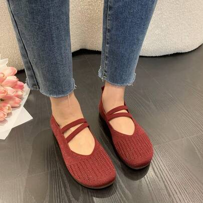 女士针织玛丽珍鞋，透气柔软鞋底，夏季百搭休闲鞋