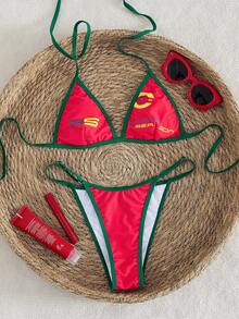 2025 New European & American Style Women's Sexy Fashion Plaid Print Halter Tie Triangle Top And Side Tie Bottom Beach 2-Piece Bikini Set Vacation Summer - Red - View 8