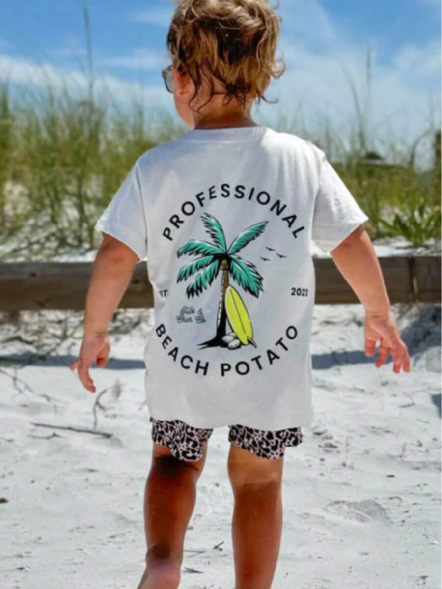 1pc Toddler Boys' Casual Crew Neck Short Sleeve T-Shirt, Summer Outfit - A Captivating T-Shirt That Brings Joy And Happiness To Every Child! - Apricot - View 1