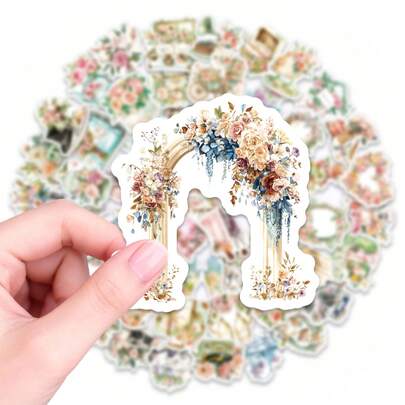 56pcs Vintage Floral Arch Stickers - Waterproof Vinyl Decals With Watercolor Wedding & Garden Flower Designs For Laptop, Water Bottle, Luggage & Scrapbooking, Perfect For Adding A , Nostalgic Touch To Personal Items And Creating Elegant DIY Decor, Ideal For Wedding Planners And Floral Enthusiasts