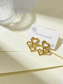 Stainless Steel Gold-Plated Ear Studs, Low Allergenic, Nickel-Free, Heart-Shaped Ear Studs, Thick Gold Lady's Ear Studs, Fashion Declaration Geometric Texture Lightweight Anti-Allergy Ear Studs, Retro Jewelry Dance Party Gifts, Lady's Ear Studs, Fashionable Heavy And Unique Pendant Ear Studs, Lady's Gold Earring Set, Exquisite Gold-Plated Pendant Ear Studs, Anti-Allergy Ear Studs, Fashion Jewelry, Lady's Gifts, Party Gifts - Multicolor - View 4