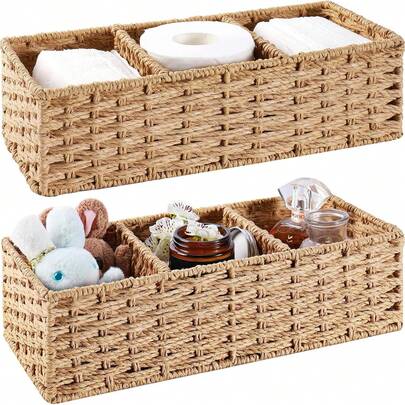 Wicker Storage Baskets For Shelves, Wicker Basket Tank Topper, Woven Storage Basket Made Of Paper Rope, 3-Section Hand-Woven Round Paper Rope Wicker Storage Basket, Toilet Paper Basket For Toilet Tank Top, Shelf Baskets For Organizing