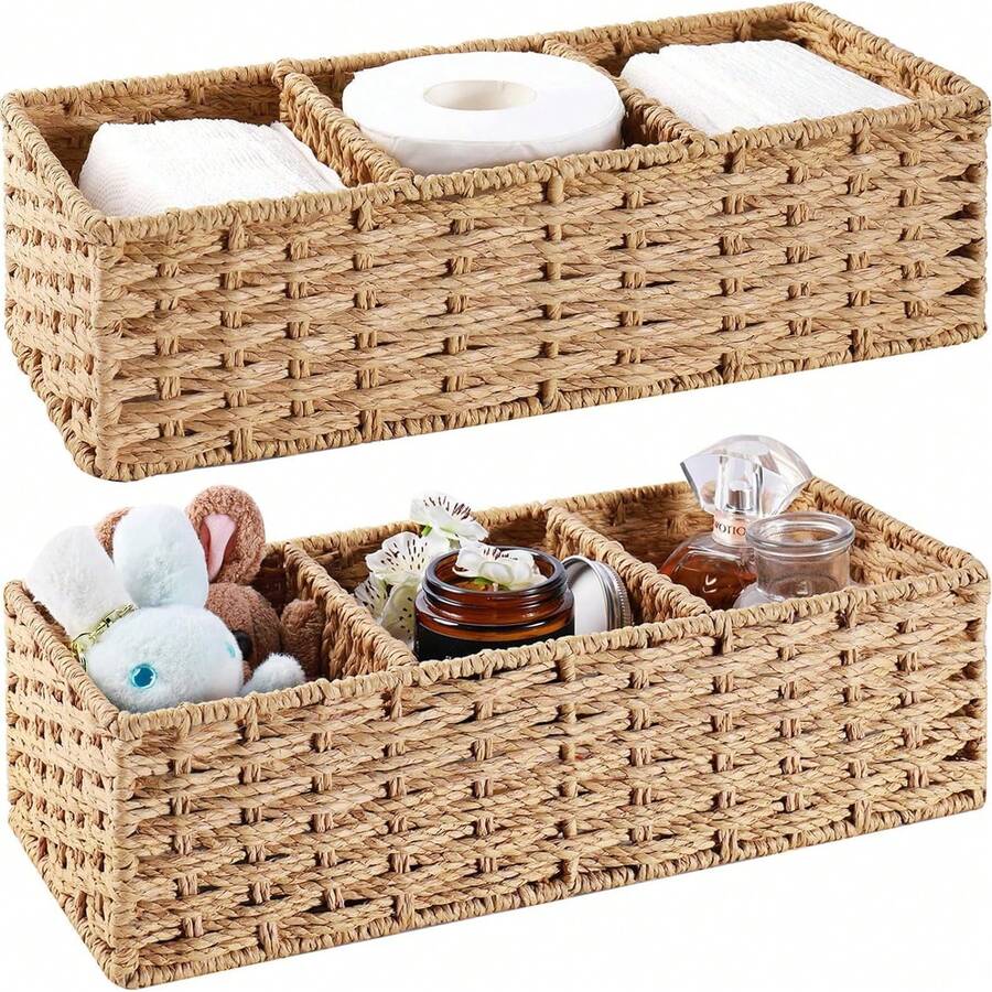 Wicker Storage Baskets For Shelves, Wicker Basket Tank Topper, Woven Storage Basket Made Of Paper Rope, 3-Section Hand-Woven Round Paper Rope Wicker Storage Basket, Toilet Paper Basket For Toilet Tank Top, Shelf Baskets For Organizing - Multicolor - View 1