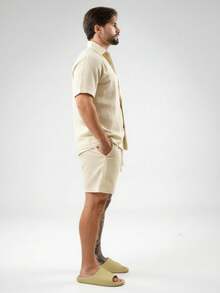 Men's Linen Dress Set: Button-Down Shirt And Linen Shorts - Màu be - Xem 3