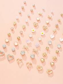 30对可爱雏菊、蝴蝶结、花朵、心形耳环套装，女士日常休闲佩戴耳钉首饰礼盒 - 金黃色 - 查看 4