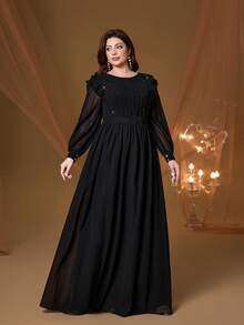 Vestido largo elegante de gasa negra con corte evasé para mujer de talla grande, con hombros de encaje con volantes, plisado en el busto, mangas abullonadas, cinturón en la cintura y botones de perla en el bajo. Adecuado para uso diario, festivales, vacaciones, citas, bodas y otras ocasiones formales en primavera y verano - Negro - Ver 5