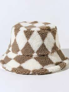 1pc Unisex Retro Diamond Pattern Faux Lamb Wool Bucket Hat, Warm Thick Bucket Hat Suitable For Casual, Commute, Party, Autumn/Winter - A - View 3