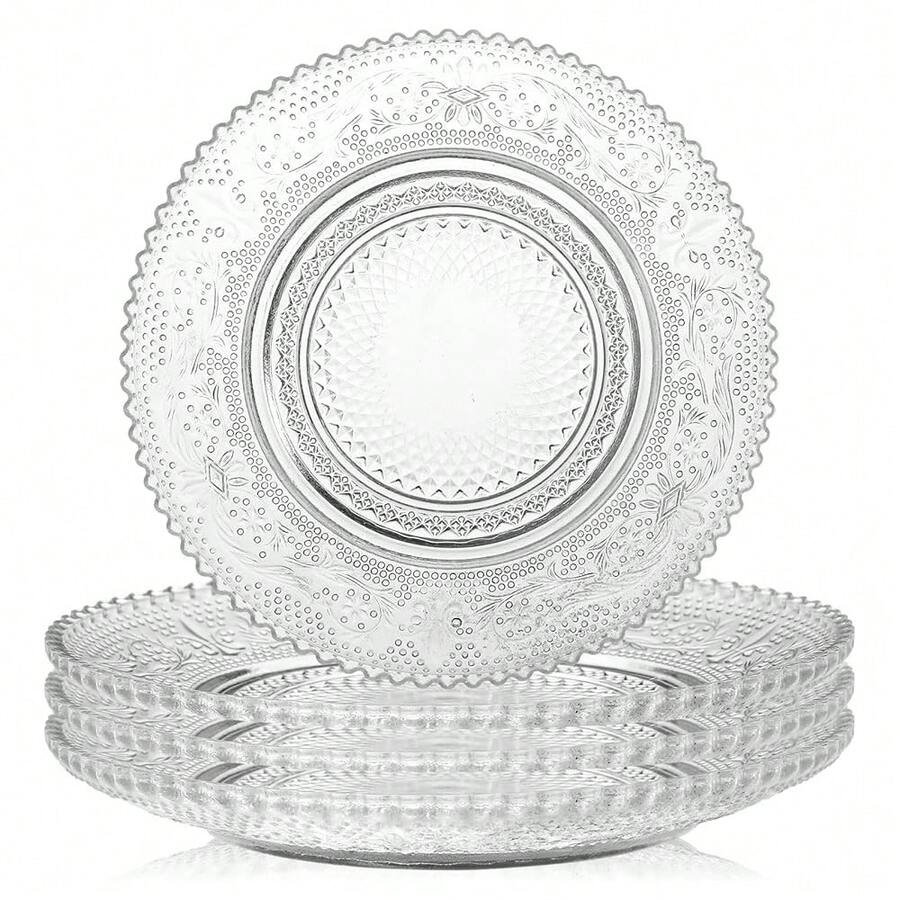 6 Inch Clear Glass Plates 4 Pack Vintage Dinnerware Set Clear Floral Textured Dinner Plates For Home Party Wedding Crystal Glass Dishes For Fruit Salad Appetizer Dessert - 清除 - 查看 1