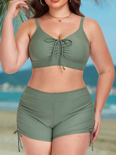 Bộ bikini thời trang mùa hè dành cho nữ cỡ lớn, màu trơn, kiểu xoắn nhún.
