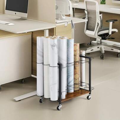 Blueprint Storage Rack Cart, 18 Slots Blueprint Holder With Wheels, Vinyl Roll Holder For Map Poster Architectural Construction Plan, Roll File Organizer For Home, Office, School, Rustic Brown