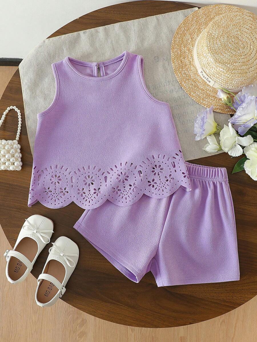 4-7岁女童两件套，精致镂空花边无袖上衣+休闲短裤，适合日常穿着、休闲、户外玩耍、海滩度假 - 紫色 - 查看 1