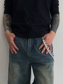 One Hip-Hop Style 3D Inlaid Heart-Shaped Rhinestone Round Geometric Faux Pearl Beaded Double-Layered Charm Jewelry Pant Chain. Rock Punk Design, Casual Retro, Suitable For Street Photography, Vacation Parties, Couples, And Fashionable Men's Metal Pant Chain Gift. - Pants Chain - View 3