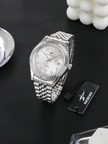 RICECGO 1 chiếc đồng hồ đeo tay nam công sở chạy máy thạch anh, mặt số rạng rỡ với vạch số nghệ thuật độc đáo, viền răng cưa + hiển thị lịch, chất liệu thép cao cấp, phù hợp cho cả đi làm và đeo hàng ngày. - Bạc - Xem 7