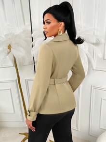 AIJ Amarilo 女士卡其色风衣式双排扣束腰西装外套 – 理想的春季女装、夏季工作服和日常通勤装 - 淺卡其色 - 查看 2