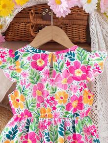 Vestido con estampado floral y cuello cuadrado para niñas, diseño alegre y elegante, adecuado para uso diario, fiestas o festivales, cómodo y de moda - Multicolor - Ver 10