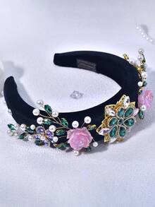 1pc Rhinestone & Pearl Flower Headband, Retro Style For Women, Suitable For Bride, Wedding, Engagement, Date, Casual, Holiday, Party, Celebration - Multicolor - View 4