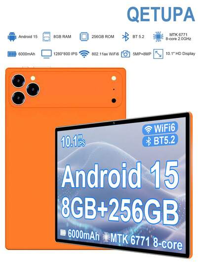 Qetupa Tableta PC Android de 10.1 pulgadas, procesador Octa-Core MTK6771 de 2.0GHz, 8GB de RAM + 256GB de almacenamiento (admite expansión de 1TB), pantalla táctil IPS HD (1280x800), cámara frontal de 5MP y cámara trasera de 8MP, batería de larga duración de 6000mAh, Wi-Fi 6 802.11ax, Bluetooth 5.2, GPS, carga tipo C, sin soporte para tarjeta SIM - Ligero