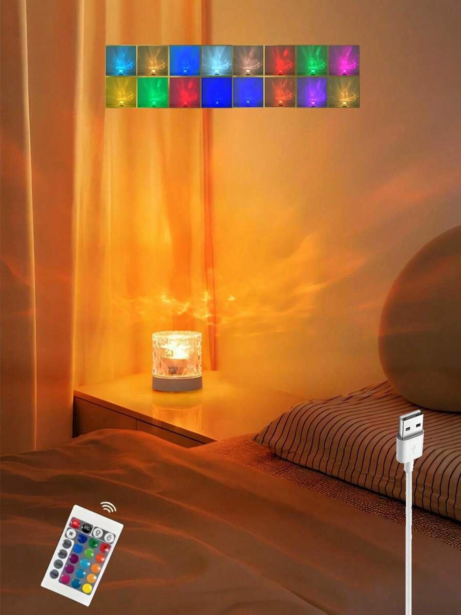 1pc Round Projection Lamp, Night Light, Crystal Desk Lamp, Creative Bedside Lamp With Rotating Water Wave Dynamic Effect, Flame Atmosphere Light, USB Powered, 3 Colors & 16 Colors Options, 16 Colors With Remote Control, Bedroom RGB Night Light, Rotating Water Ripple Design, Suitable For Room, Bedroom, Hallway, Living Room, Bedroom Decor, Room Decor