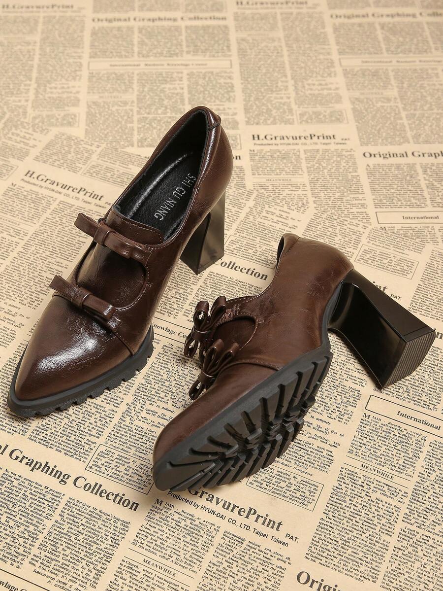 2026春季新款女鞋，尖头时尚优雅复古串珠蝴蝶结皮革高跟鞋，粗跟穆勒鞋，休闲通勤显瘦时尚黑色、酒红色 - 酒紅色 - 查看 1