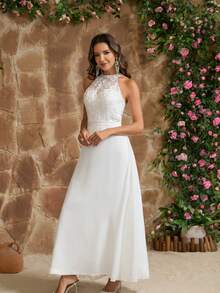YUMIBRAVO Romantic Lace Wedding Dress, Off-Shoulder Bridal Gown, Hollow-Out Wedding Dress, Ladies White Dress, Ladies Long Evening Gown, Ladies Formal Elegant Prom Dress, Ladies Formal Elegant Summer Wedding Party Dress Spring - White - View 8
