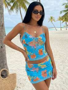 2 Piece Sexy Womens Summer Mesh Mini Skirt Sets Crop Top And Skirt  Adjustable Straps Vacation Beach Skirt Set Beach Outfits For Woman Valentine's Day Dress - 藍色 - 查看 4