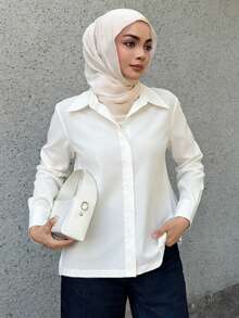 Livesso Solid Curved Hem Shirt,Long Sleeve Tops,Fall Clothes Preppy Tops - White - View 1