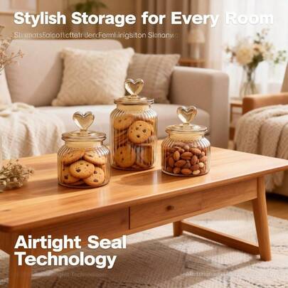 密封玻璃罐，配可爱心形盖，婚礼糖果罐，厨房储物罐，可存放糖果、饼干、坚果、咖啡、茶叶等。