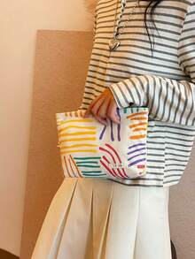 Portable Colorful Striped Cosmetic Bag/Organizer Makeup Bag Toiletry Bag Skincare Bag Wash Bag Toiletry Travel Bag Vacation Essentials For Women Travel Bags For Women Large Capacity Bag - Apricot - View 7