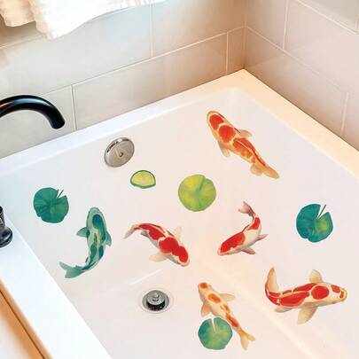 1pc Lucky Koi Fish Pond Bathtub Sticker, Fish And Lotus Leaf Pattern, Removable, Create A Bathroom Oasis, Bathtub Art Transformation, Realistic Koi And Lotus Leaf Sticker, Self-Adhesive PVC Material, Instantly Upgrade Spa Experience, Auspicious Home Decor Gift, Koi Lotus Leaf Sticker Set, Thoughtful Decoration For Bathroom Or Zen Corner