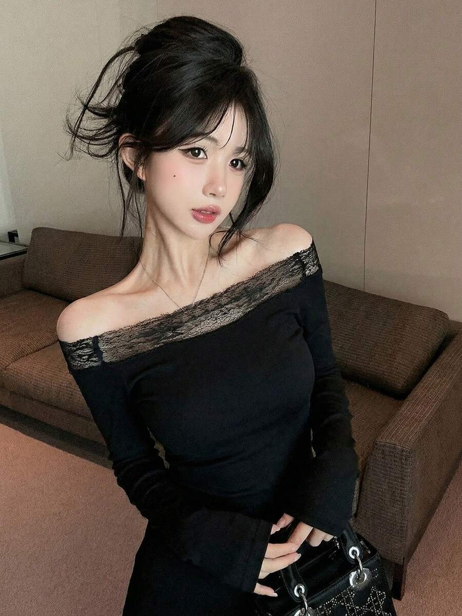性感蕾丝拼接长袖T恤，法式时尚露肩修身短款上衣 - 黑色 - 查看 1